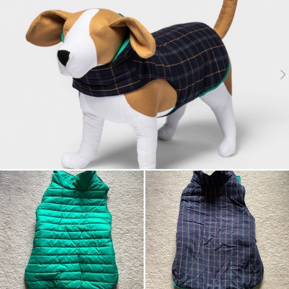 BOOTS & BARKLEY Dog Puffer Vest Reversible Coat NEW Green Navy Plaid Holiday  XL